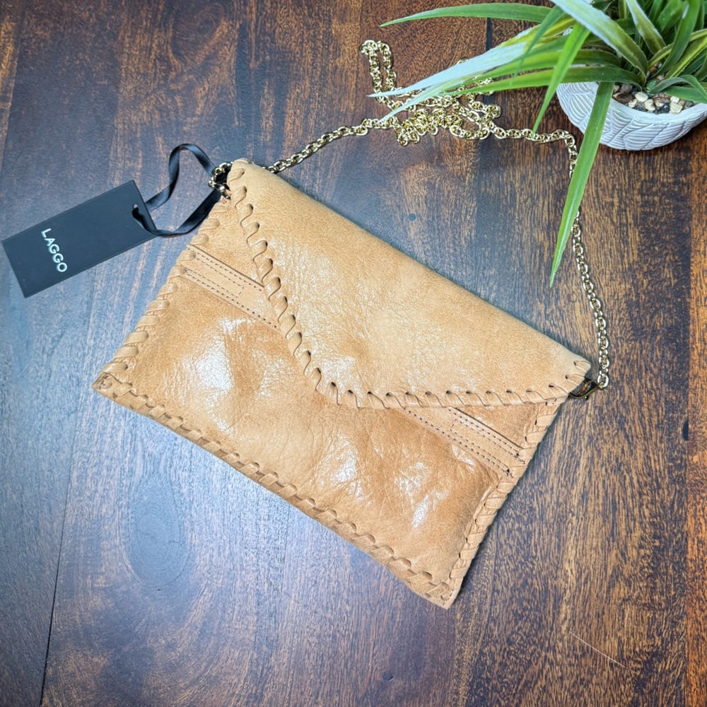 NWT Laggo Leather Crossbody Purse Tan Envelope Clutch 10.5x7in Gold Chain Strap